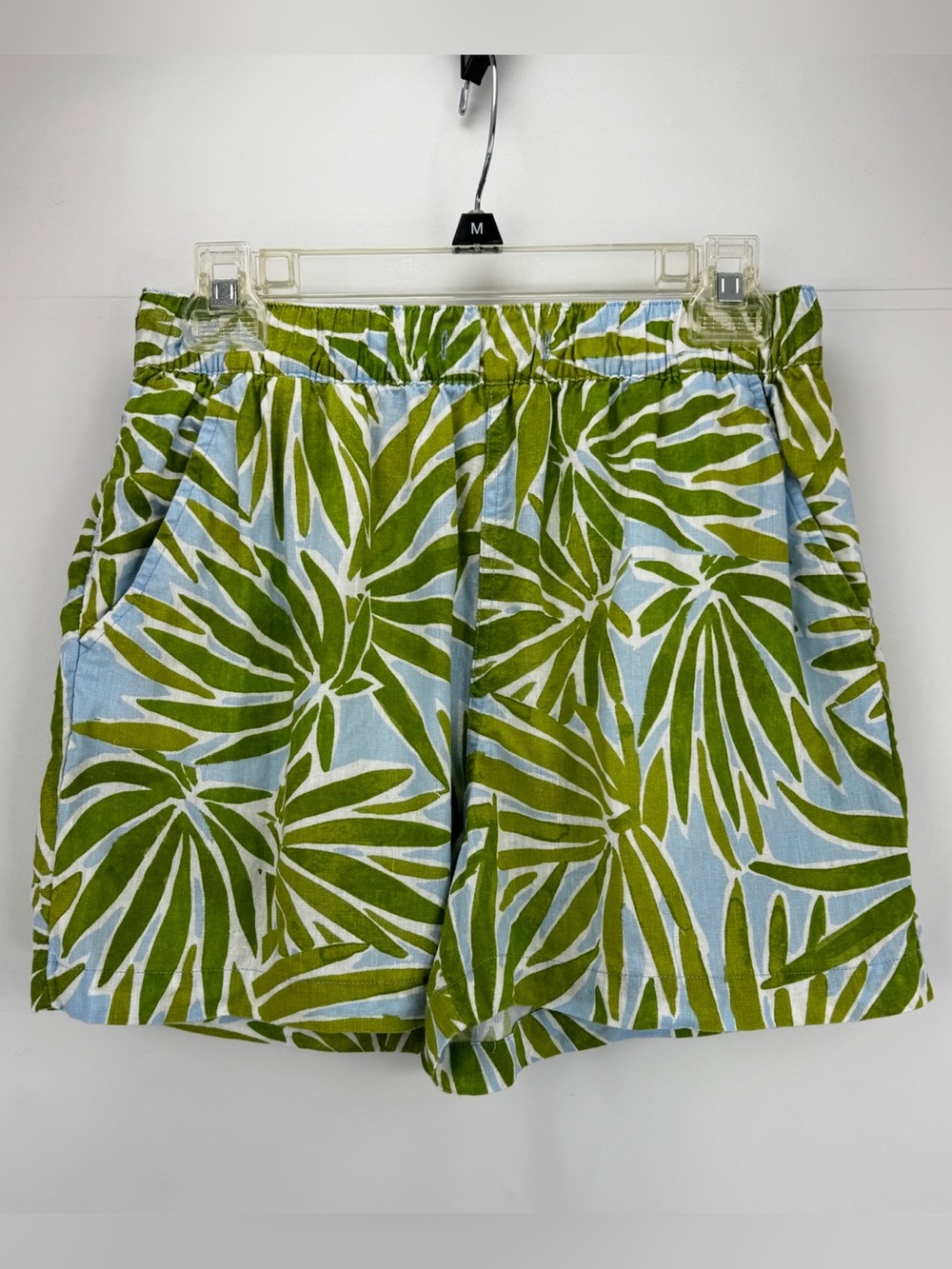 Sigrid Olsen Blue Green Palm-Print Casual Pull-On 100% Linen Shorts